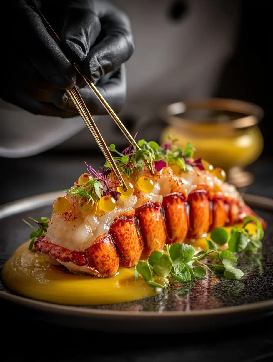 chef plating butter-poached lobster with citrus pearls and microgreens