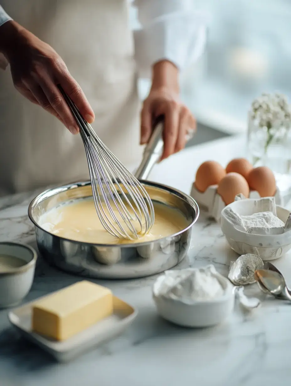 Whisking vanilla cream in saucepan for mille-feuille