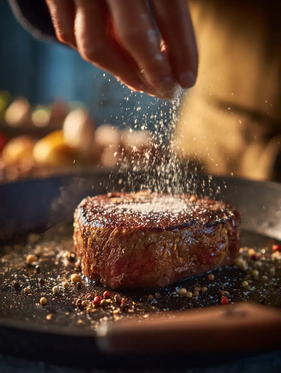 Beef steak being seasoned in a hot pan with salt and spices