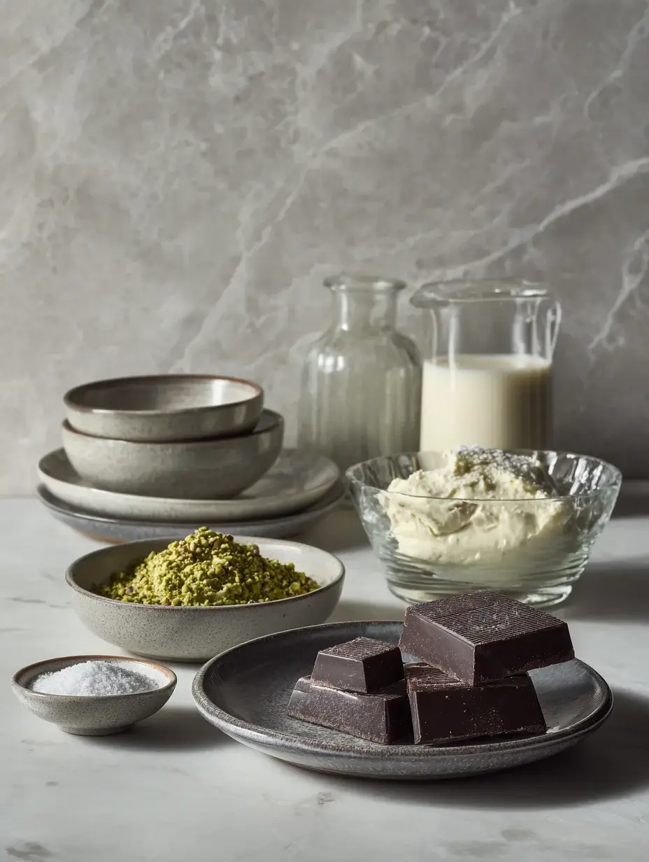 Chocolate pistachio dessert ingredients in bowls and plates on marble surface