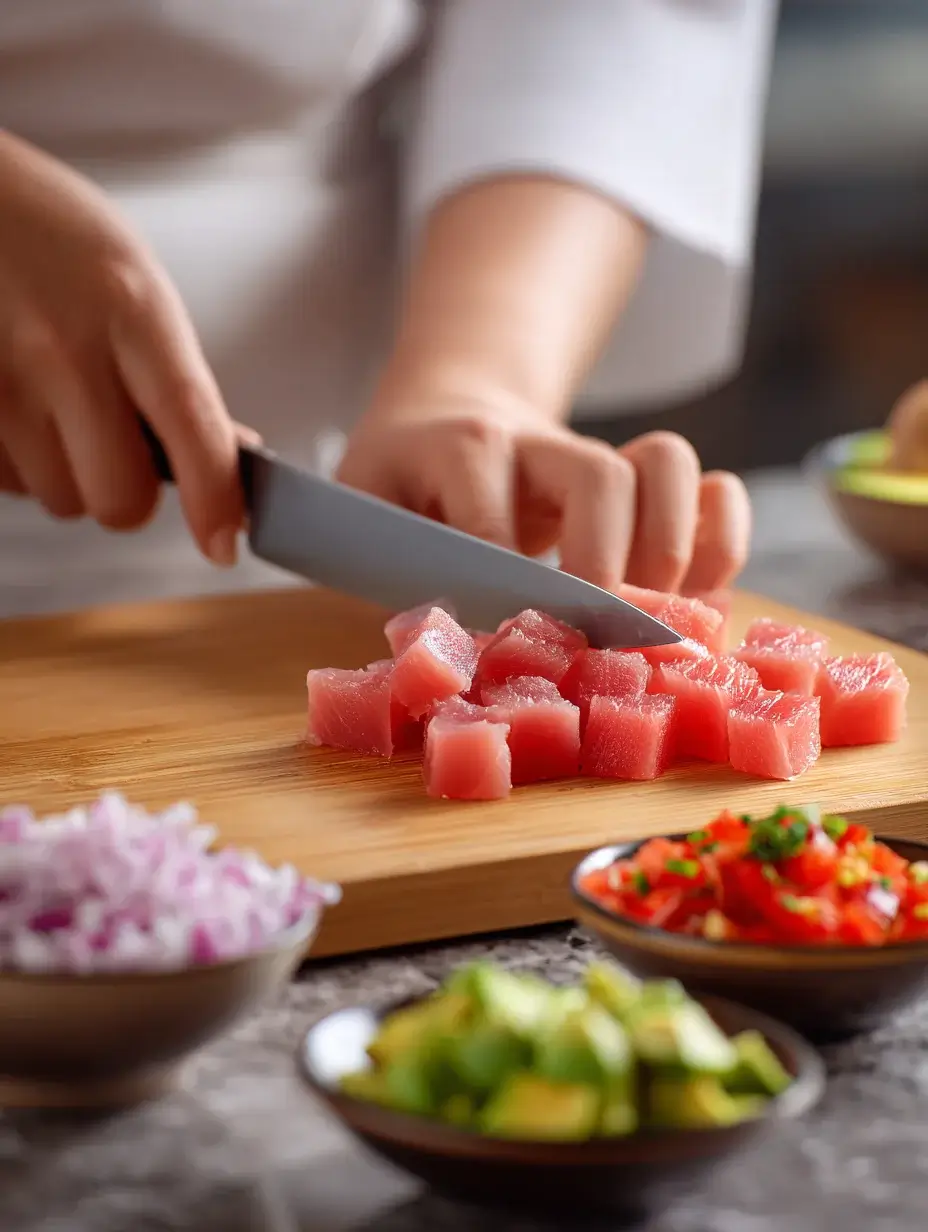 Chef slicing fresh tuna into cubes on wooden board