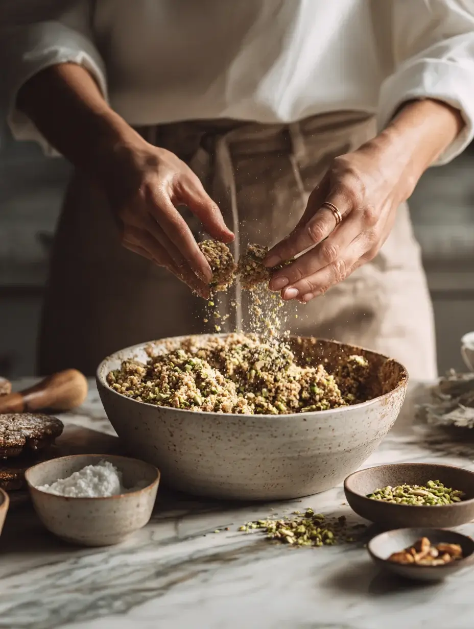 hands mixing biscuit and pistachio base in bowl