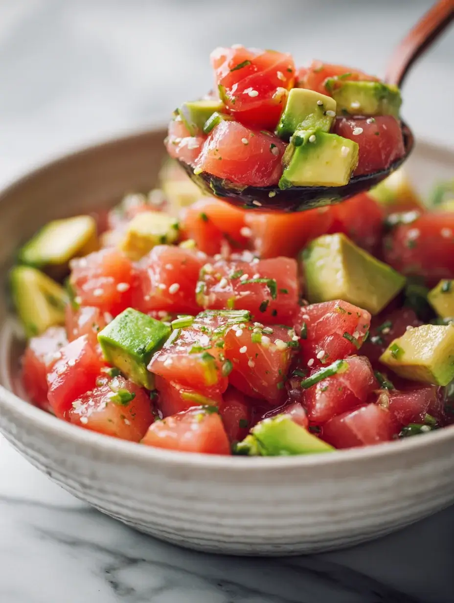 Fresh tuna salad with avocado being lifted on spoon