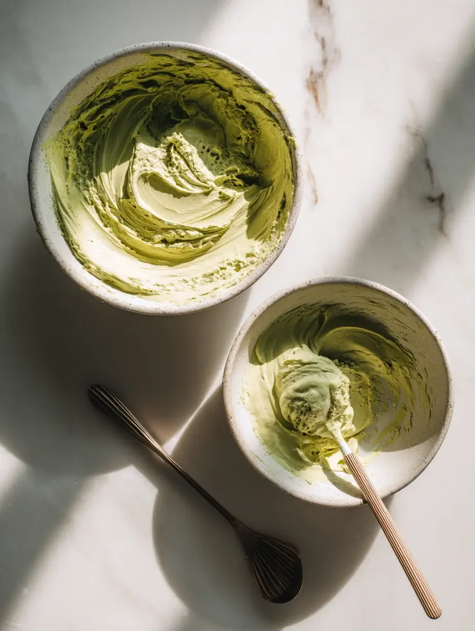 pistachio cream being mixed in bowl with smooth texture