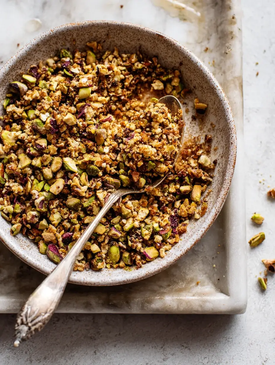 Crushed pistachios mixed with honey in bowl