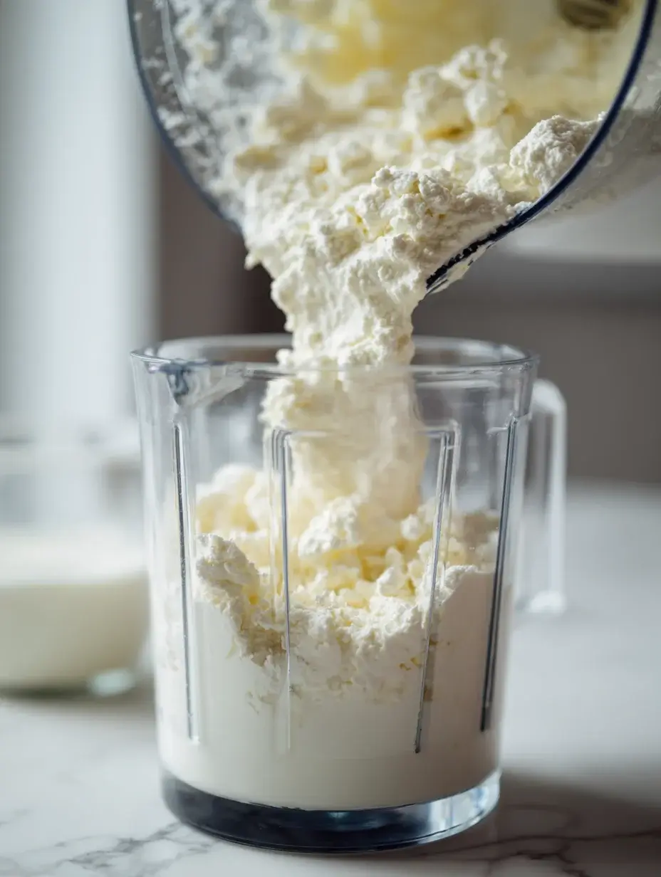creamy feta mixture being poured into blender on marble countertop