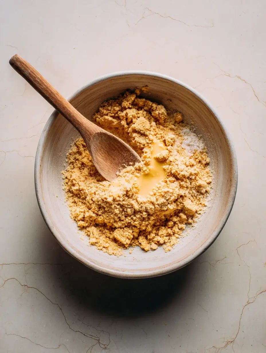 Crushed biscuits mixed with melted butter in bowl