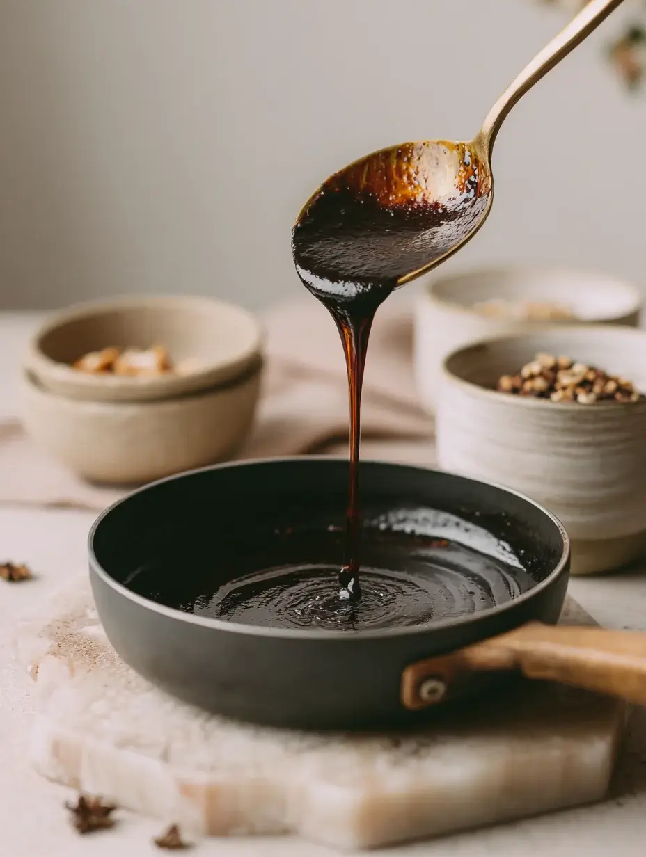 Thick fermented garlic glaze dripping from spoon into pan