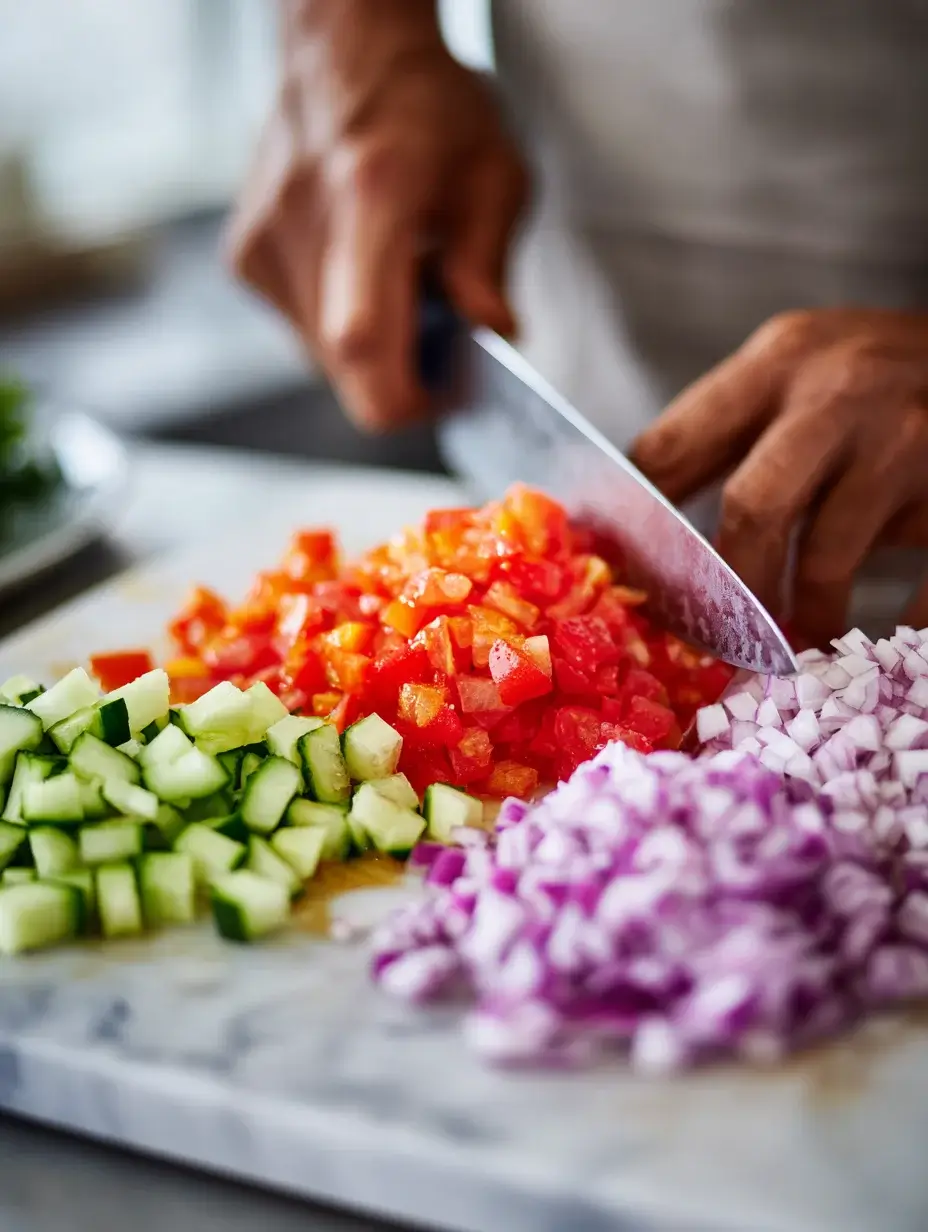 Finely dicing cucumber tomato and red onion for Authentic Shirazi Salad
