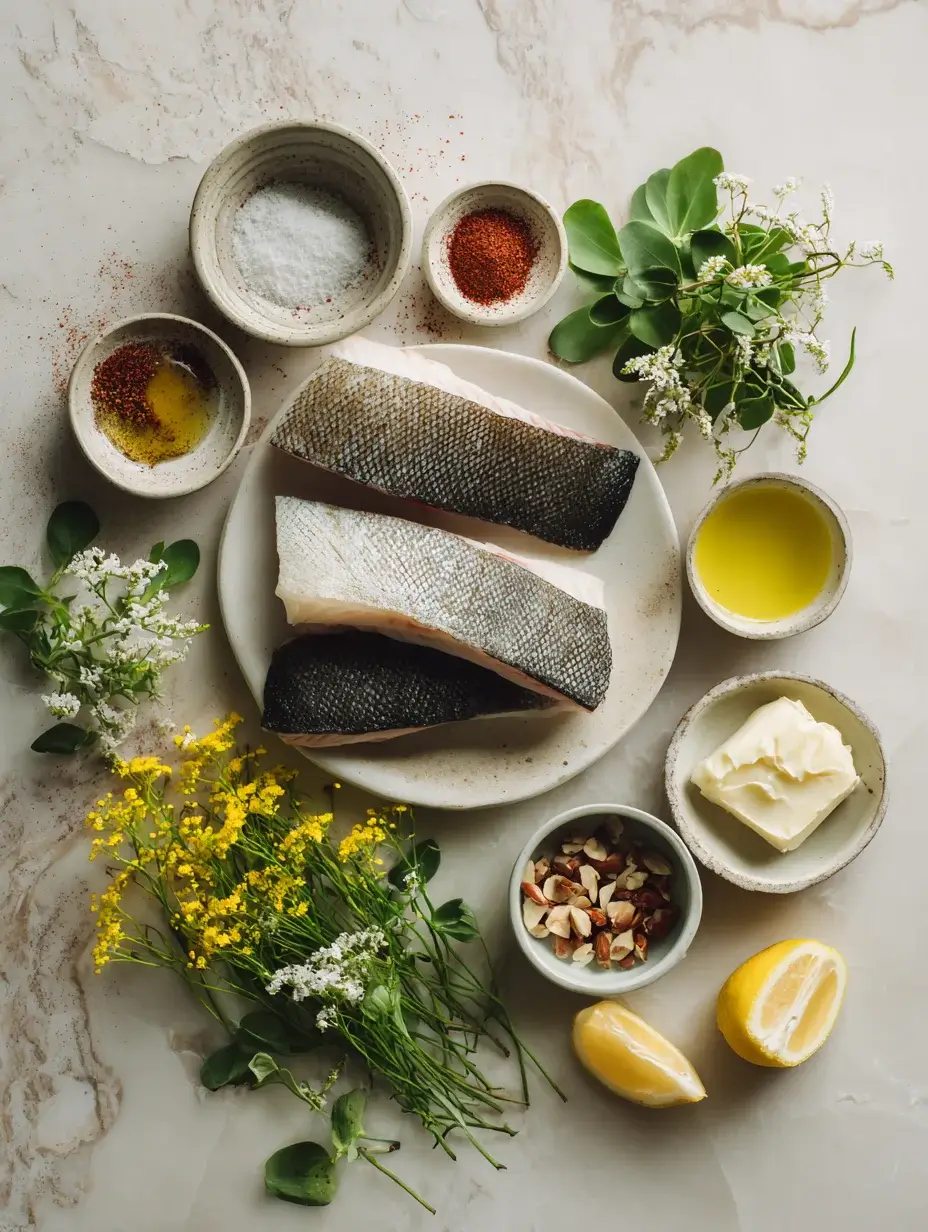 Blackened sea bass ingredients arranged in bowls and plate