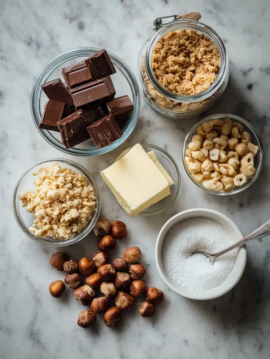 Chocolate hazelnut mousse ingredients arranged on marble surface