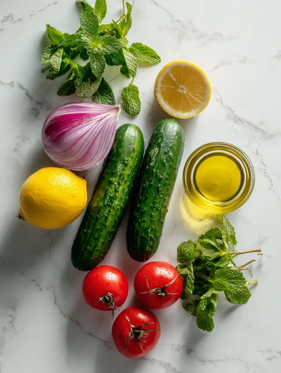 Fresh ingredients for Authentic Shirazi Salad including cucumber tomato onion lemon mint and olive oil