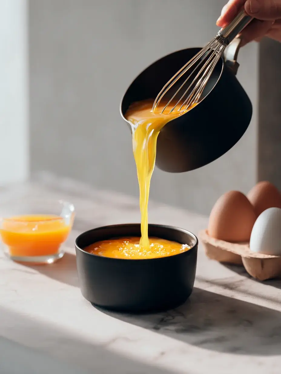 Orange mixture being whisked and poured into bowl