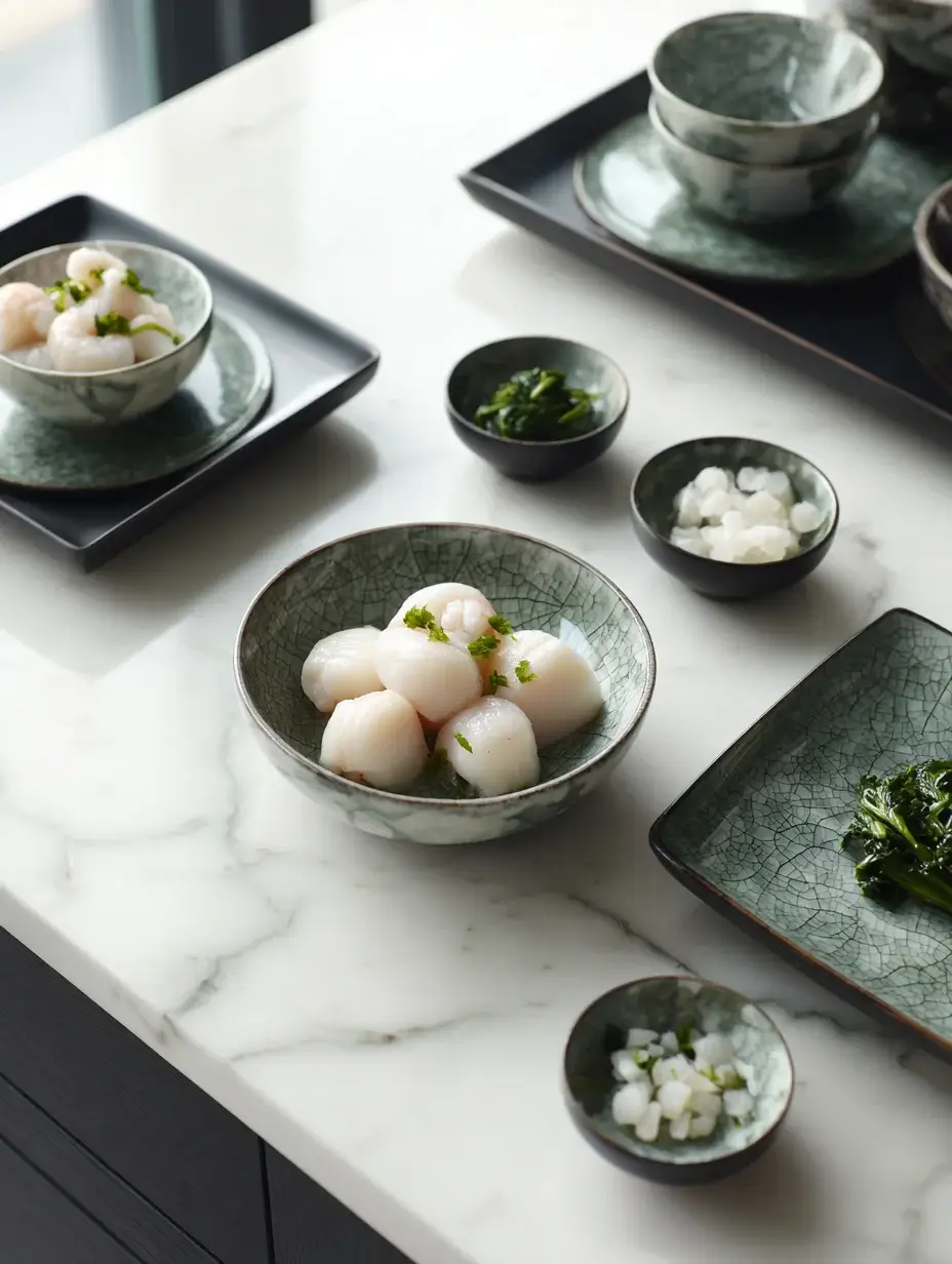 Fresh scallops arranged in ceramic bowls on a marble countertop for Marine Harmony Scallops