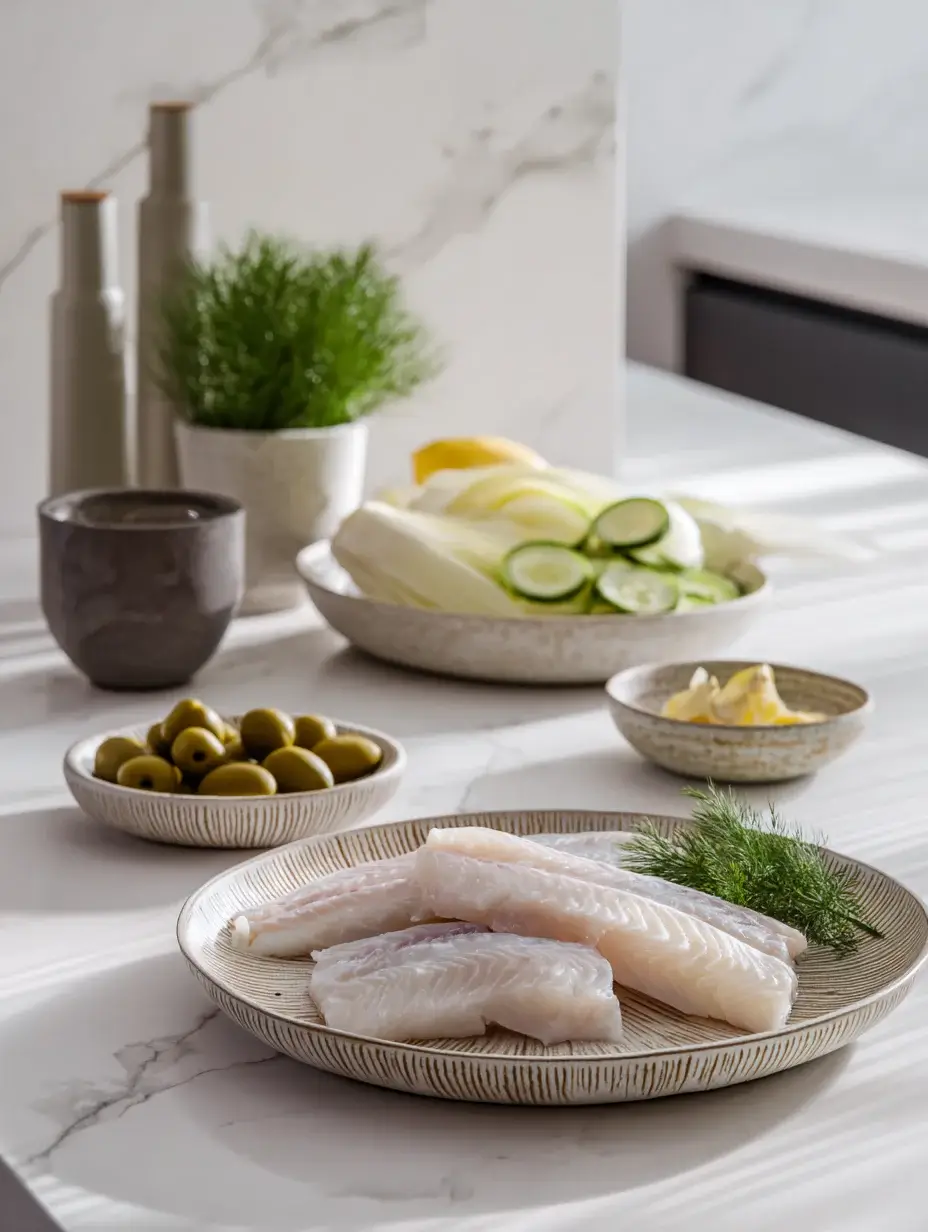 Fresh sea bass fillets with olives and vegetables on marble countertop