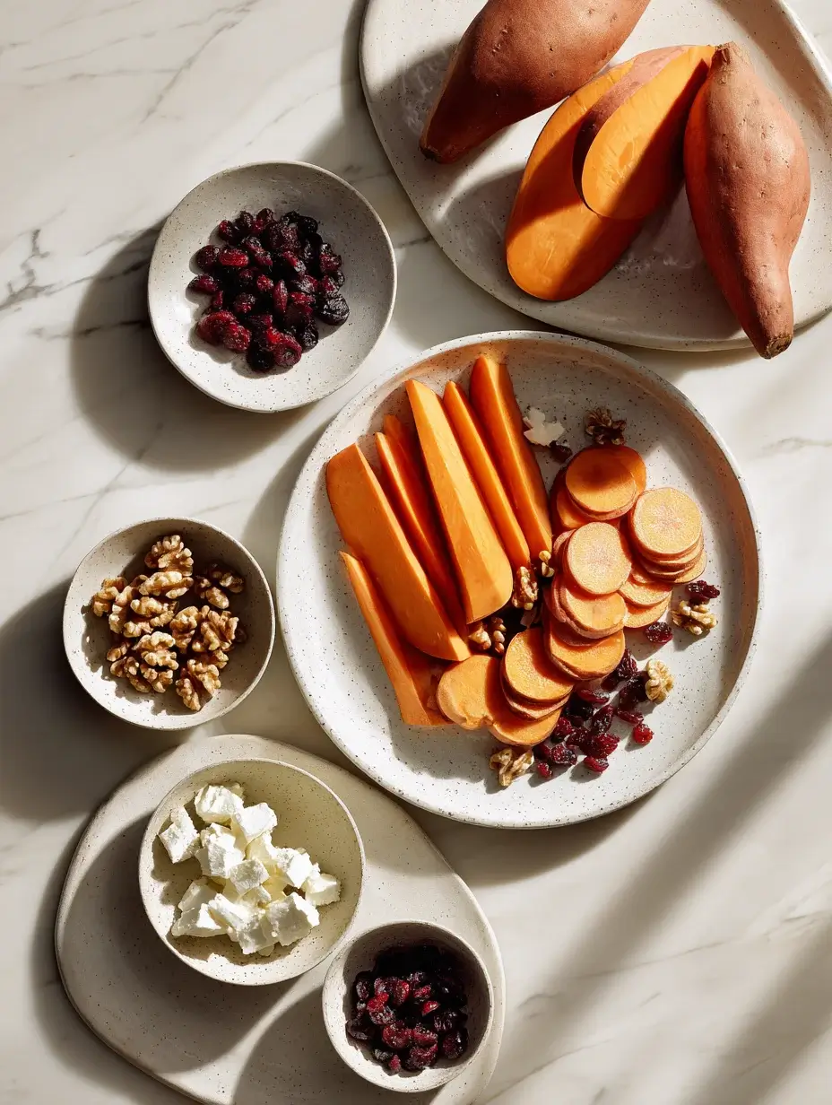 fresh sweet potatoes, sliced butternut squash, walnuts, feta cheese, and cranberries in modern bowls on marble surface