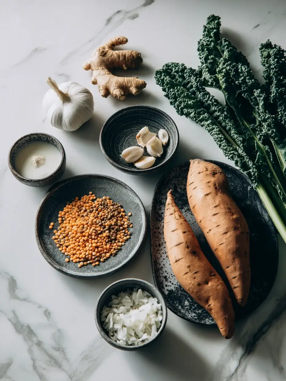 Fresh ingredients for Ginger Sweet Potato stew arranged in bowls