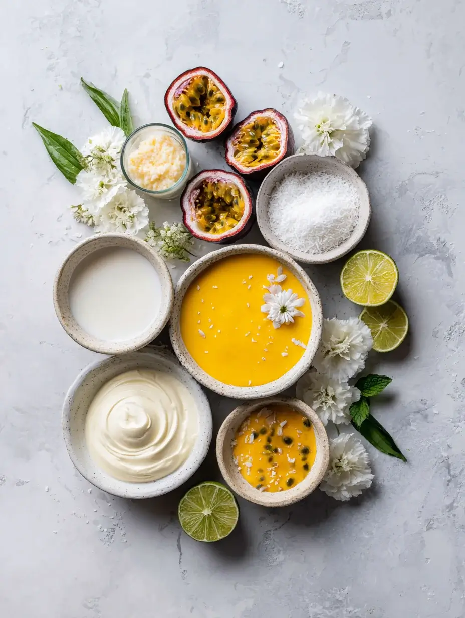 Coconut mousse ingredients arranged in bowls with passion fruit and lime