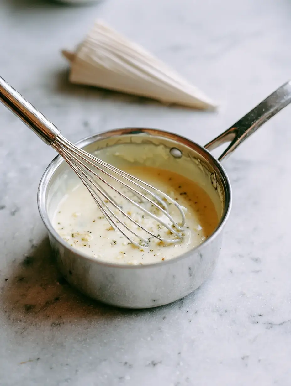 Garlic cream sauce being whisked in saucepan