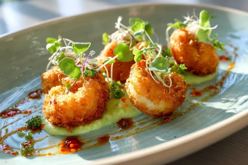 Golden Shrimp Bites with avocado cream and chili drizzle