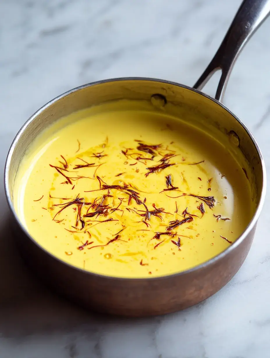 saffron cream sauce in saucepan with visible saffron threads