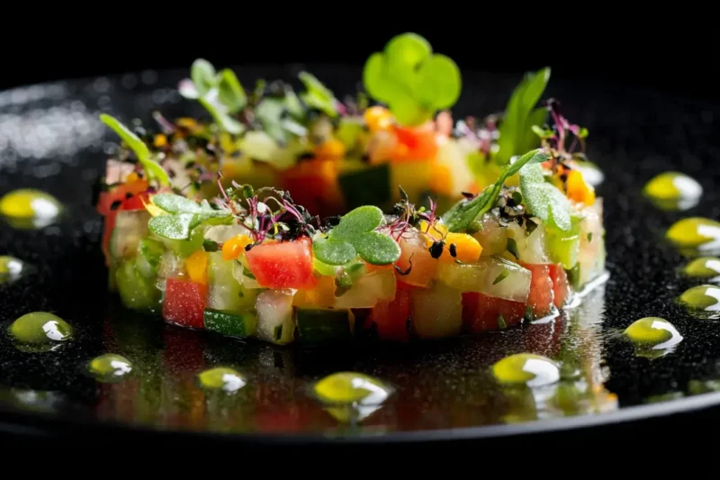 Authentic Shirazi Salad finely diced vegetables plated in circular mold on black plate