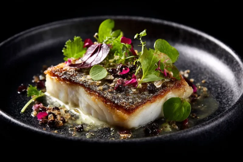 Blackened sea bass with crispy skin and lemon sauce
