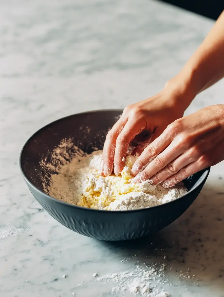 Hands mixing butter and flour to prepare tart dough
