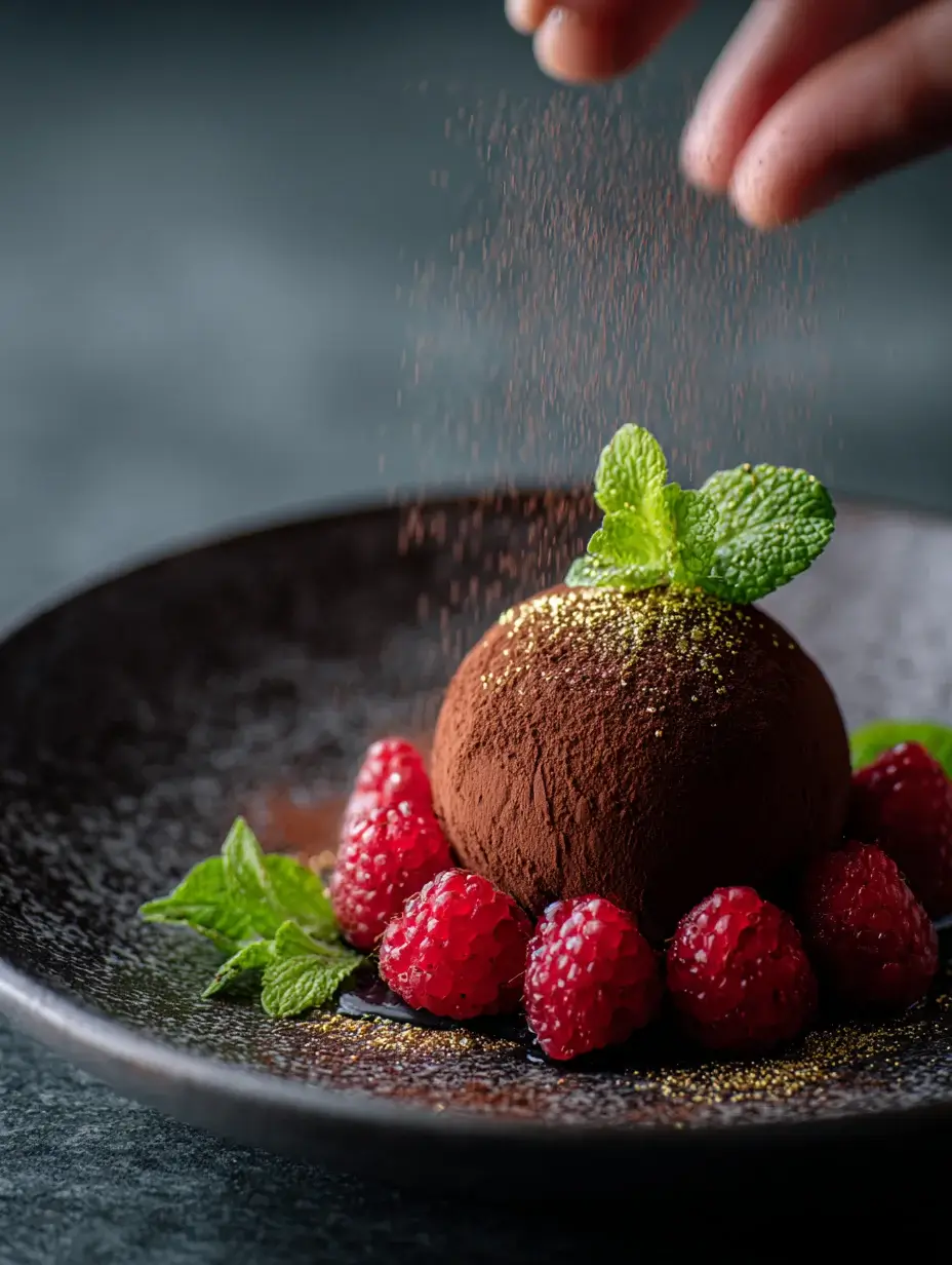 Cocoa powder dusted over velvet cocoa sphere with raspberries