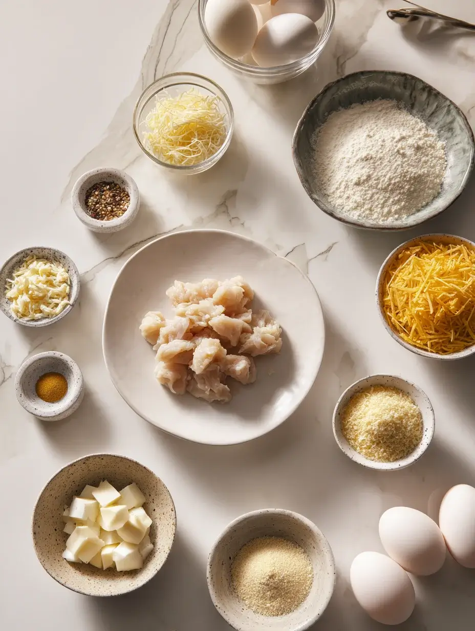 Ingredients for Golden Crunch Chicken Volcano arranged in bowls on marble countertop