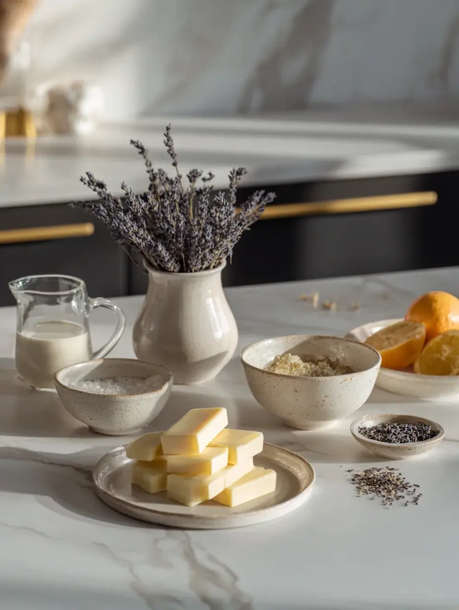 Ingredients for Lavender Orange Silk Bar arranged in bowls on marble counter