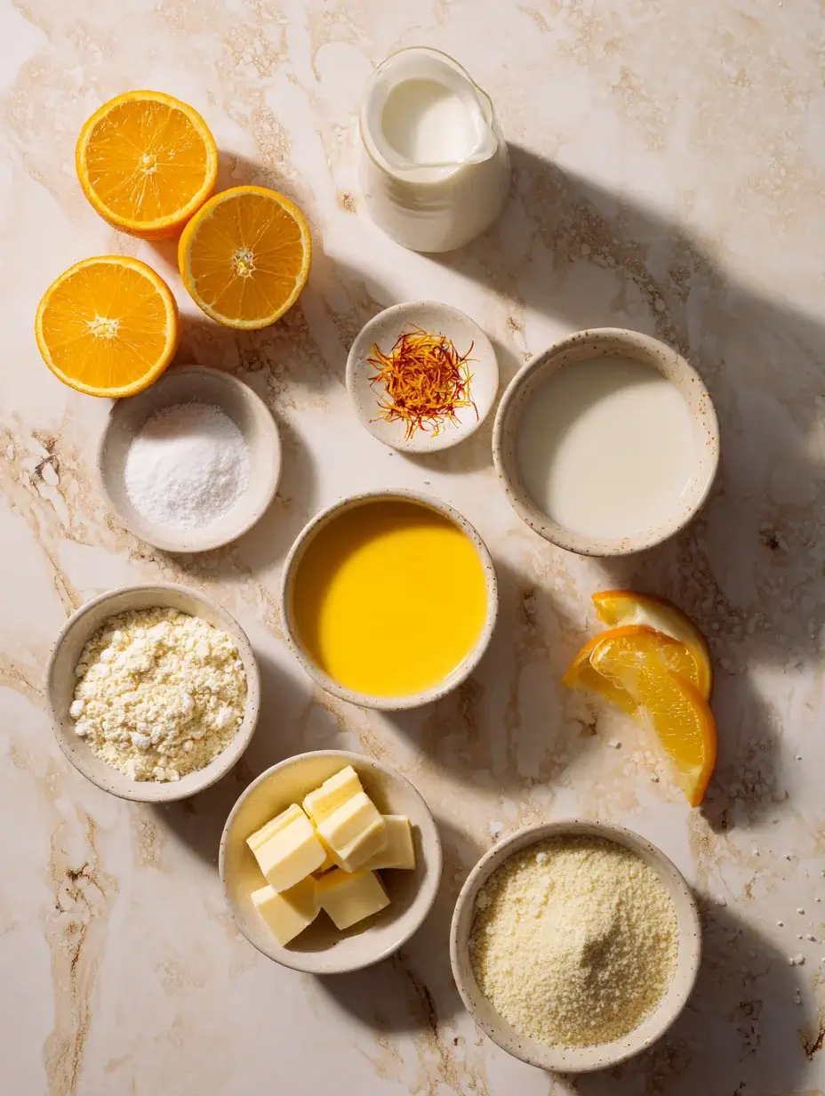 Ingredients for golden saffron panna cotta arranged in bowls with citrus and cream
