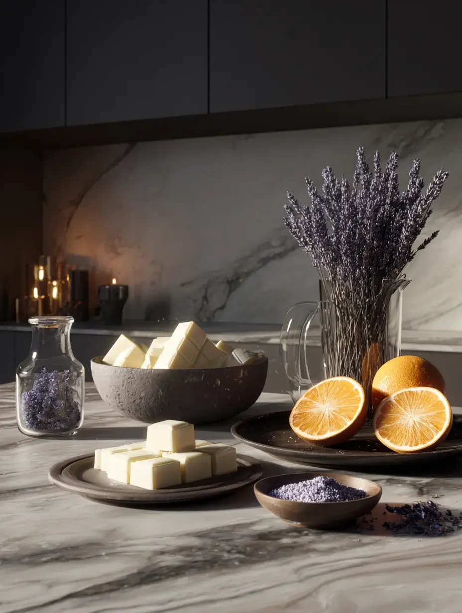 Ingredients for Lavender Velvet Sphere arranged on marble countertop