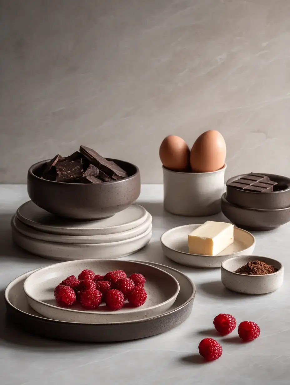 Ingredients for velvet cocoa sphere arranged in modern ceramic bowls