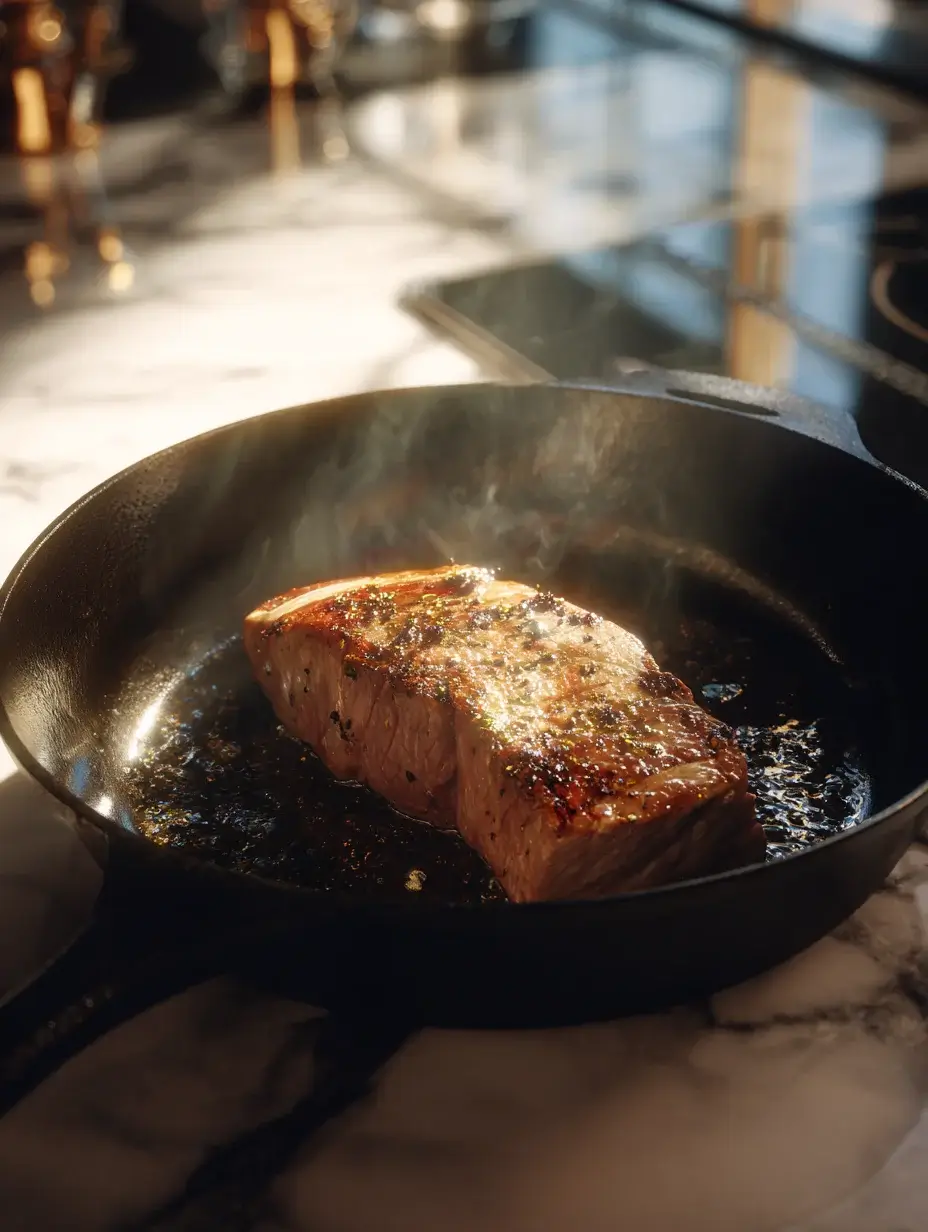 Lamb loin searing in cast iron skillet with golden crust for Silk Road Lamb Symphony