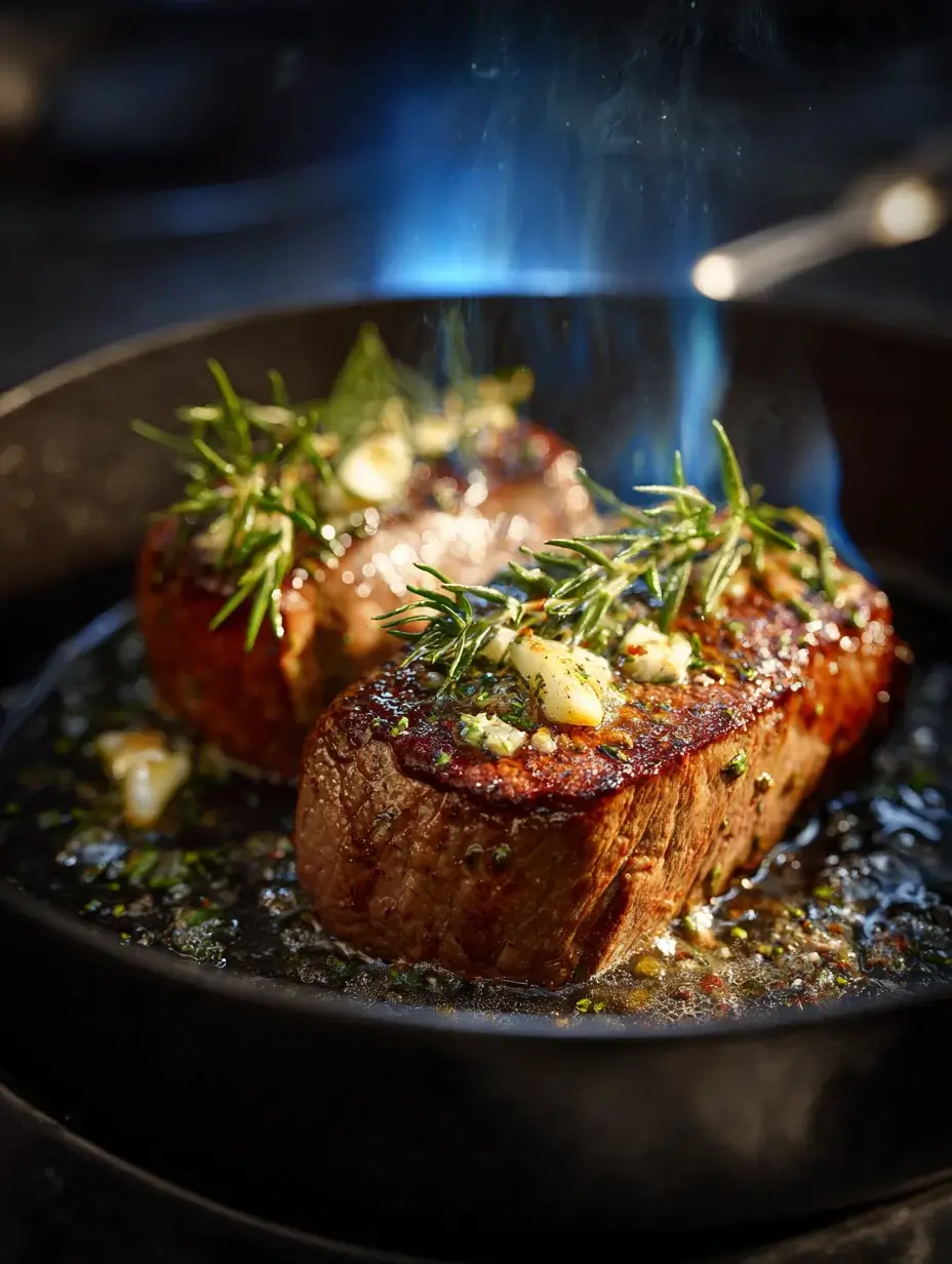 Lamb loin searing in skillet with butter, garlic, and rosemary