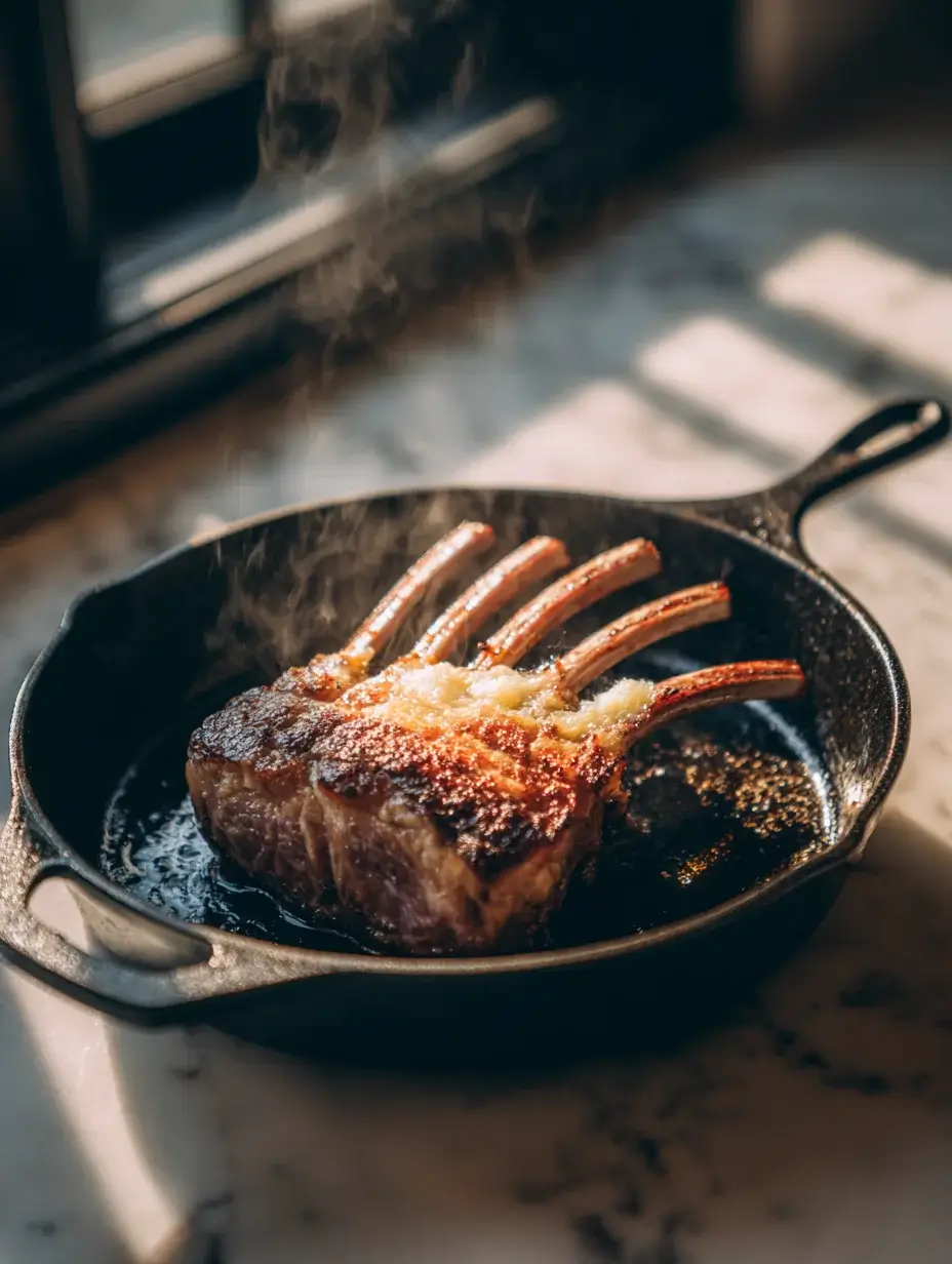 Searing lamb in skillet with butter