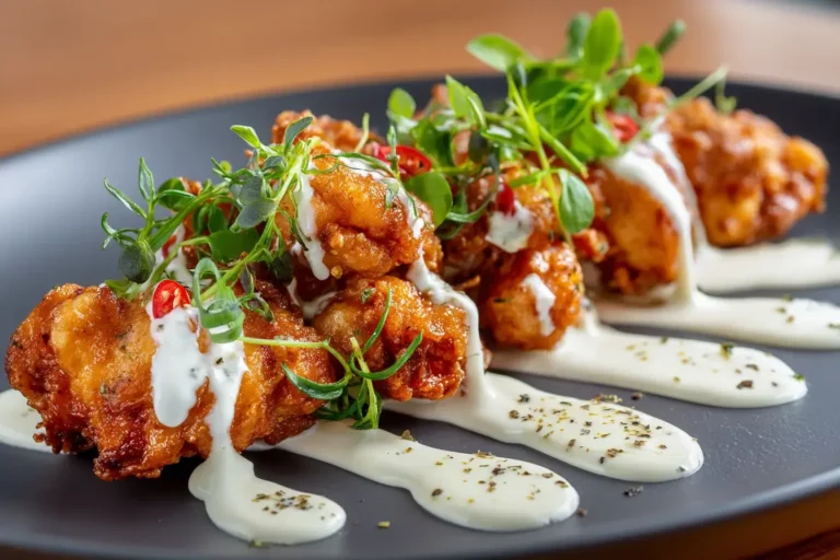 Crispy golden chicken drizzled with creamy garlic sauce and fresh herbs