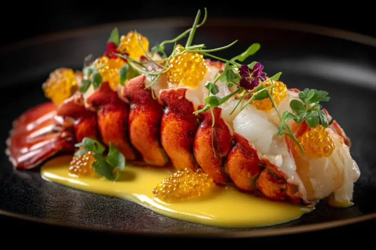 butter poached lobster with saffron cream and citrus pearls on black plate