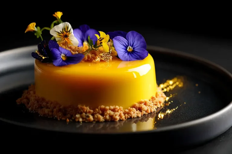 Golden saffron panna cotta with edible flowers and almond crumble
