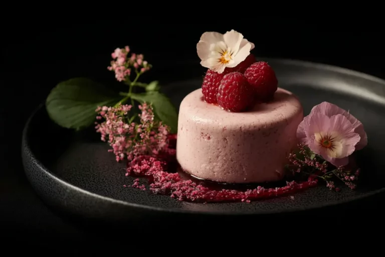 Silky raspberry vanilla mousse with fresh berries and edible flowers