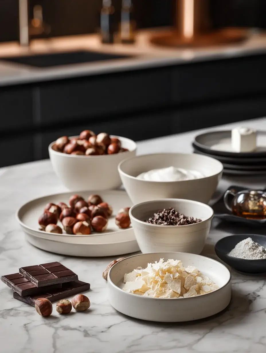Ingredients for hazelnut praline dessert in white ceramic bowls on marble