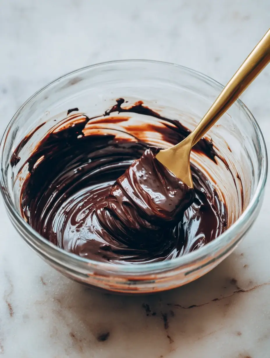 Melted dark chocolate in glass bowl with spoon