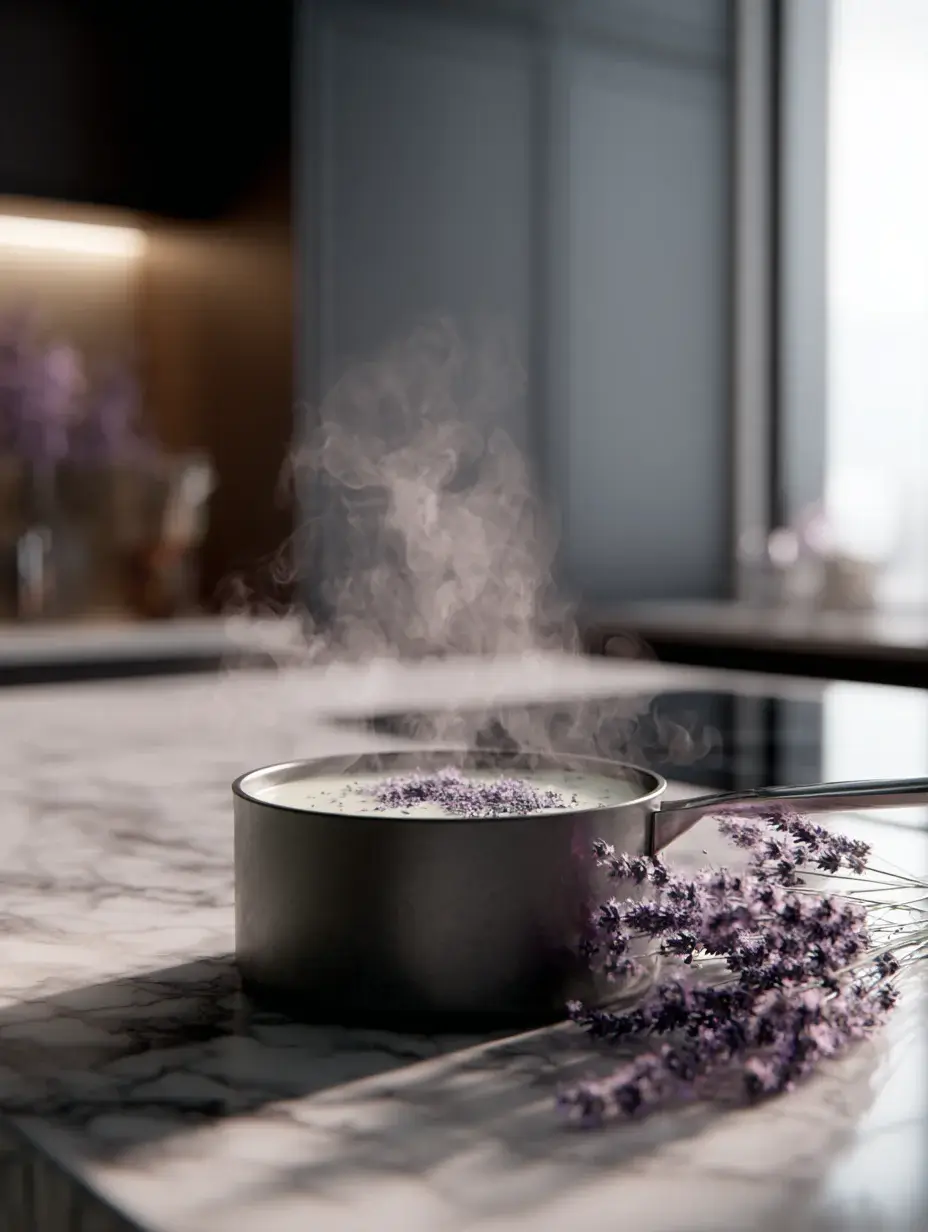Milk heating with lavender in saucepan on marble counter