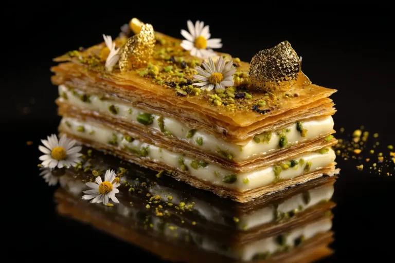 Pistachio Mille-Feuille Jawhara with gold leaf