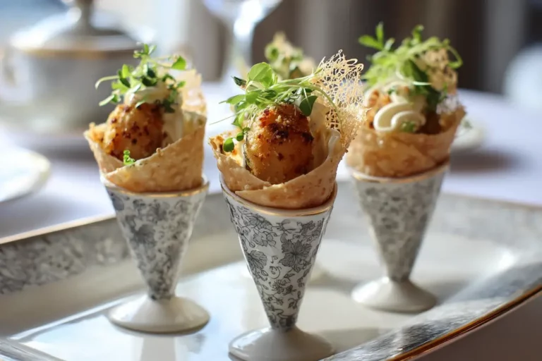 Mini crispy chicken cones with garlic cream and herbs