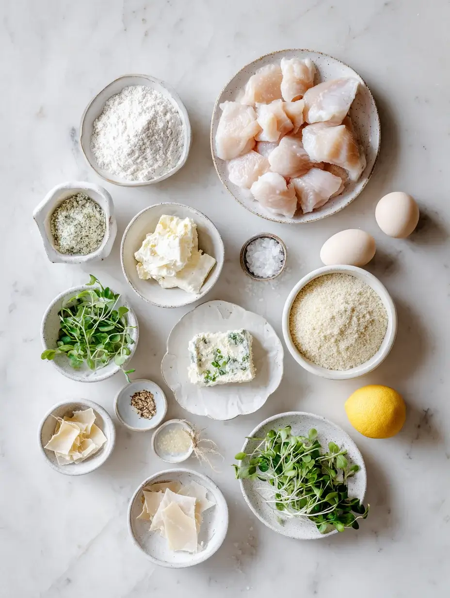 Ingredients for mini crispy chicken cones arranged in bowls