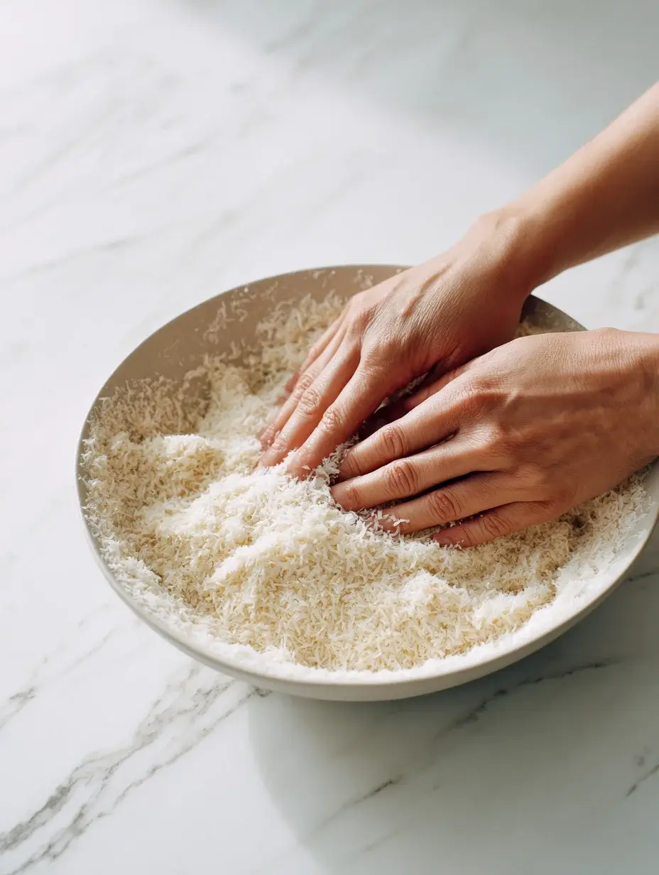 Mixing coconut and biscuit crumble base by hand