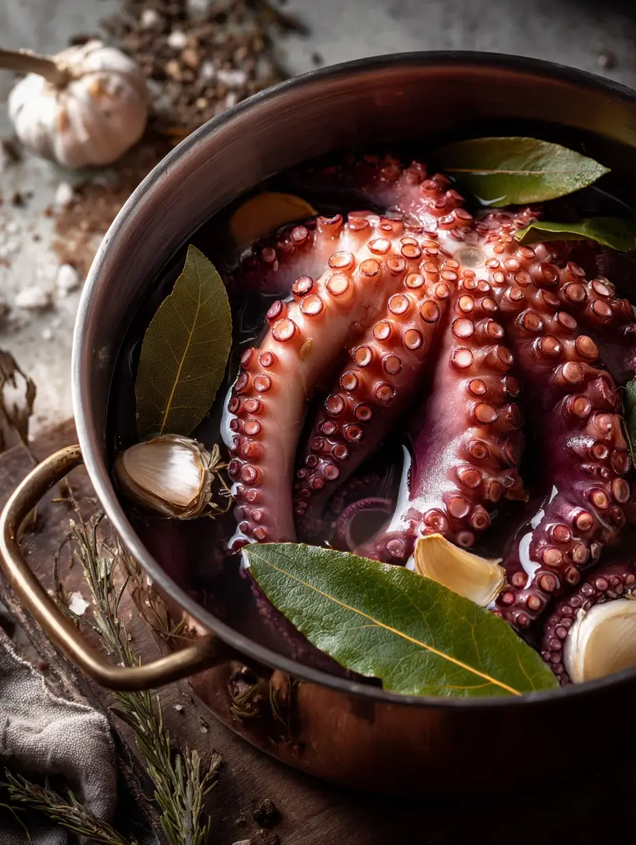 Octopus simmering with bay leaves and garlic in a pot