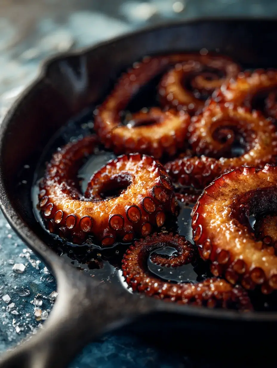 Octopus tentacles searing in cast iron skillet with golden crust